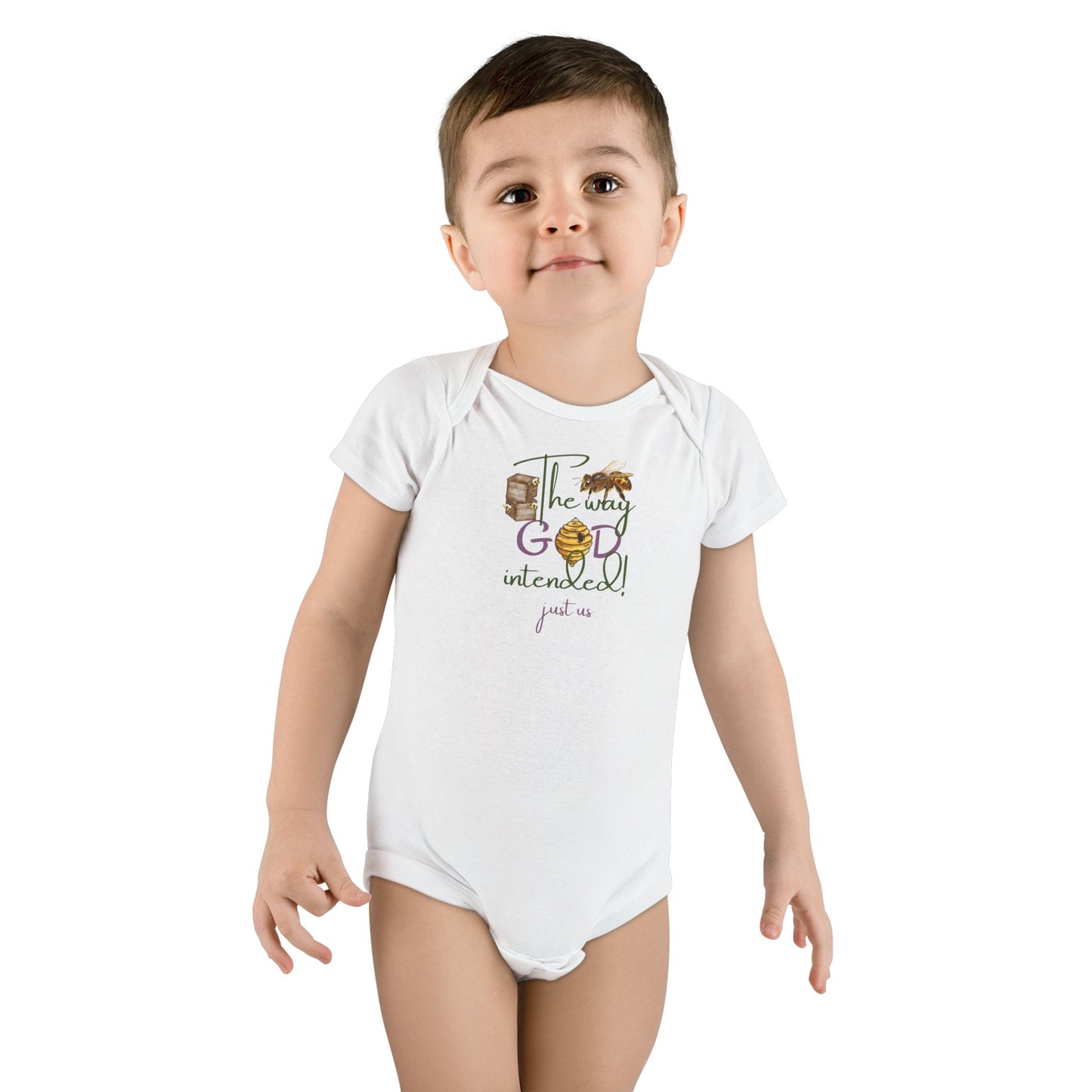 Organic Baby Bee Onesie- Personalizable - Just Us, “The Way God Intended” | Cute Infant Onesie