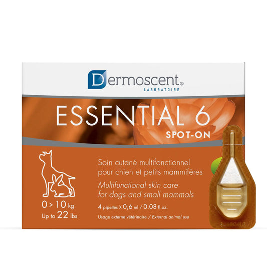 Dermoscent Essential 6 spot-on - Dog Skin Care for Dandruff & Allergy Relief with Vitamin E Oil - Anti Itch for Dogs - Dog & Small Mammals 0-10 kg - 4 Pipettes of 0.6 ml