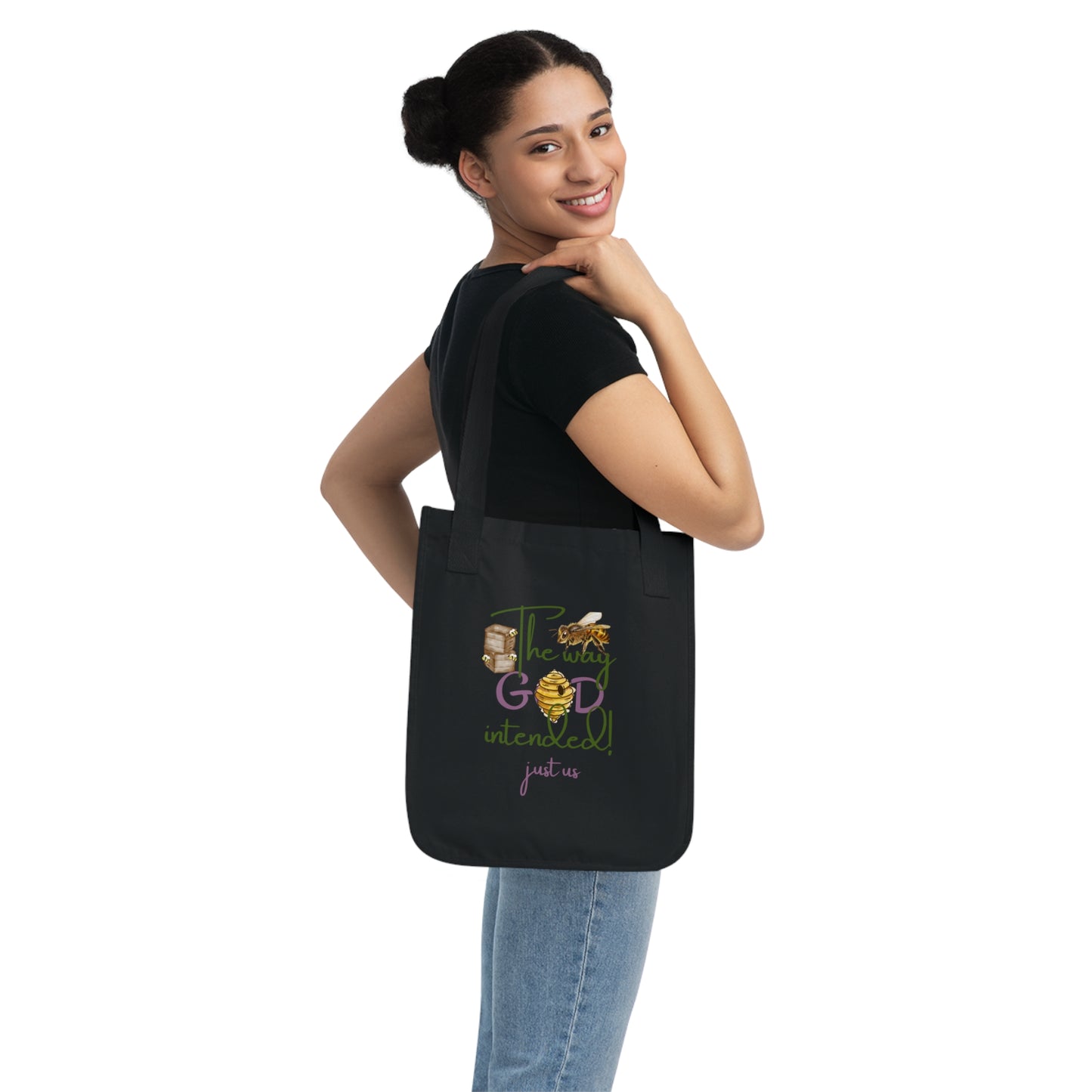 Organic Canvas Bee Tote Bag- Personalizable - Just Us, “The way GOD intended” - Eco-Friendly Floral Shopper for Everyday Use
