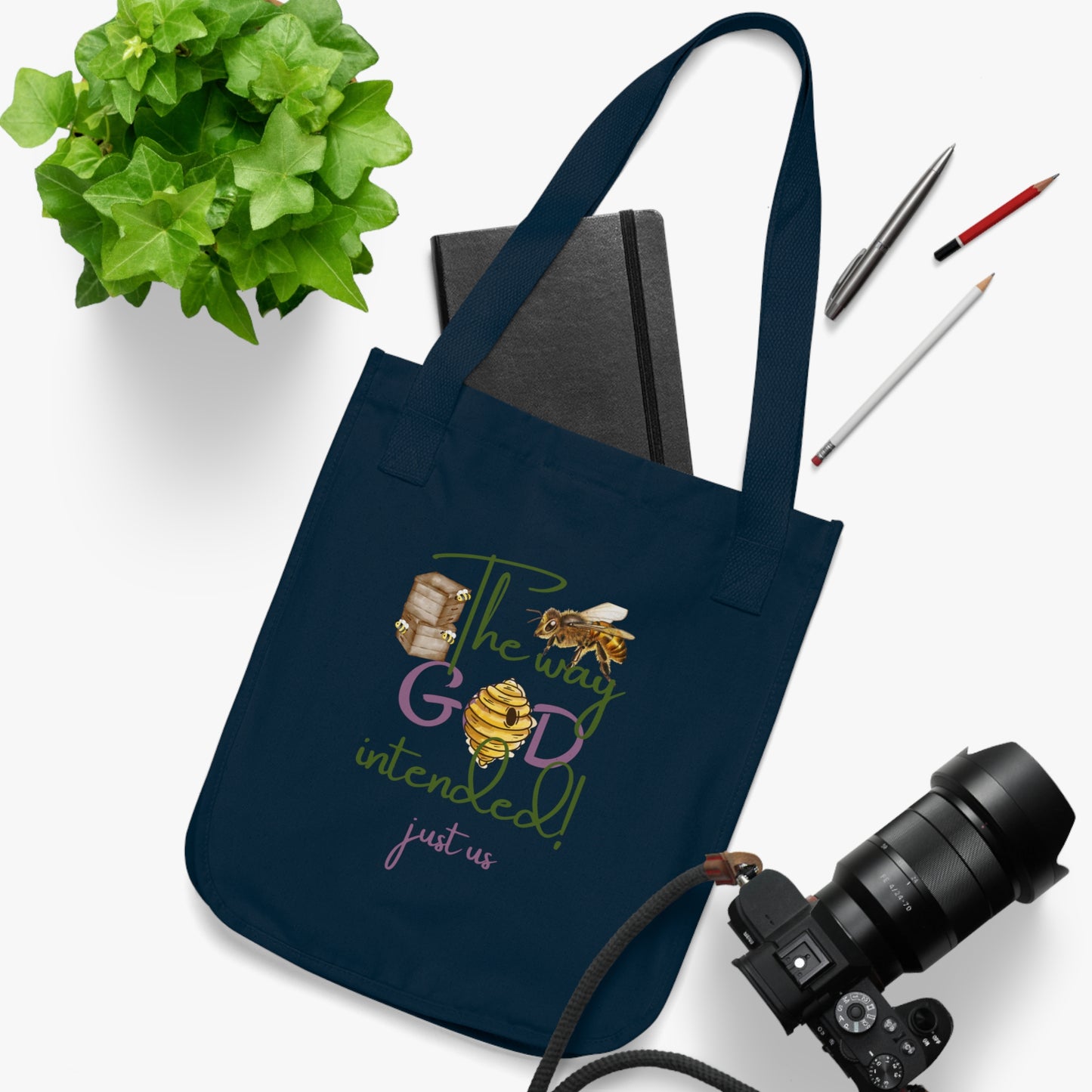 Organic Canvas Bee Tote Bag- Personalizable - Just Us, “The way GOD intended” - Eco-Friendly Floral Shopper for Everyday Use