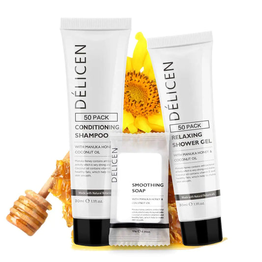 OPPEAL Delicen Manuka Honey Hotel Amenities | Rectangular Soap Bars Conditioning Shampoo Body wash 3-Piece Set | Clementine Scent | 150 Pcs Total