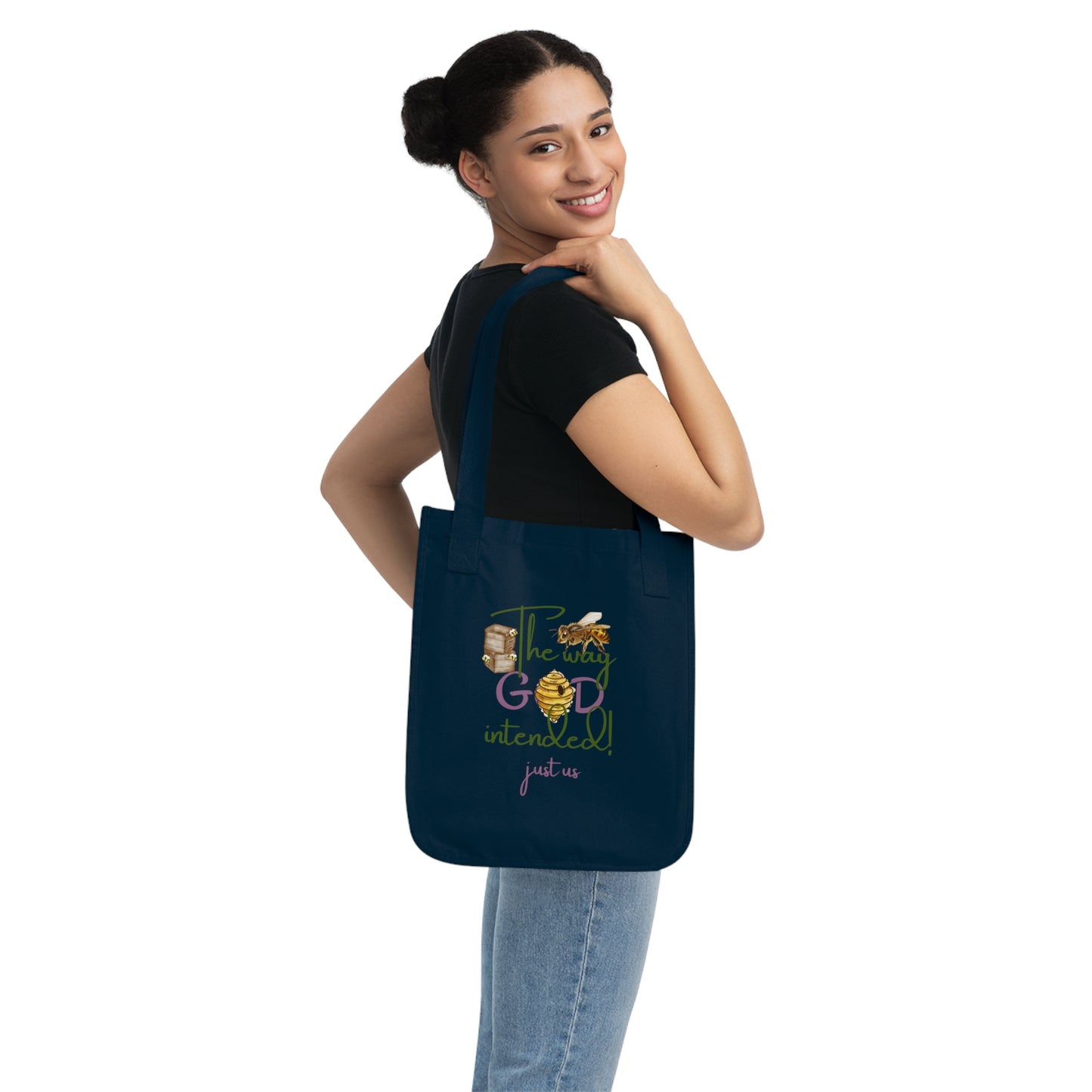 Organic Canvas Bee Tote Bag- Personalizable - Just Us, “The way GOD intended” - Eco-Friendly Floral Shopper for Everyday Use