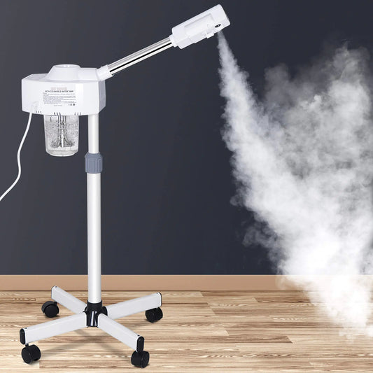 Professional 2 in 1 Facial Steamer for Face Professional Deep Cleansing with Hot Mist Function Stand on Wheel High Frequency for Home Spa Salon Beauty Skin Care White