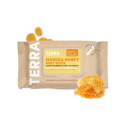 Terra Bamboo Baby Wipes: Manuka Honey 99.5% Pure New Zealand Water 100% Biodegradable Bamboo Fiber 0% Plastic Unscented Baby Wipes for Sensitive Skin 1 Pack of 70 Wipes