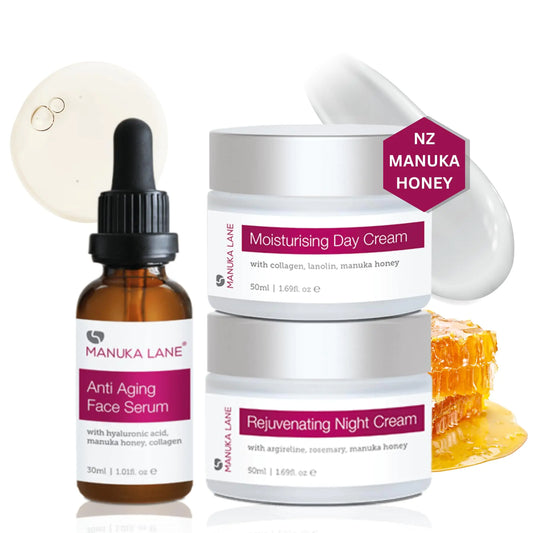 Manuka Honey Complete Skin Care Regimen | Includes (1) Moisturising Day Cream (1) Anti Aging Face Serum (1) Rejuvenating Night Cream | Powerful Safely Derived and Natural Ingredients.