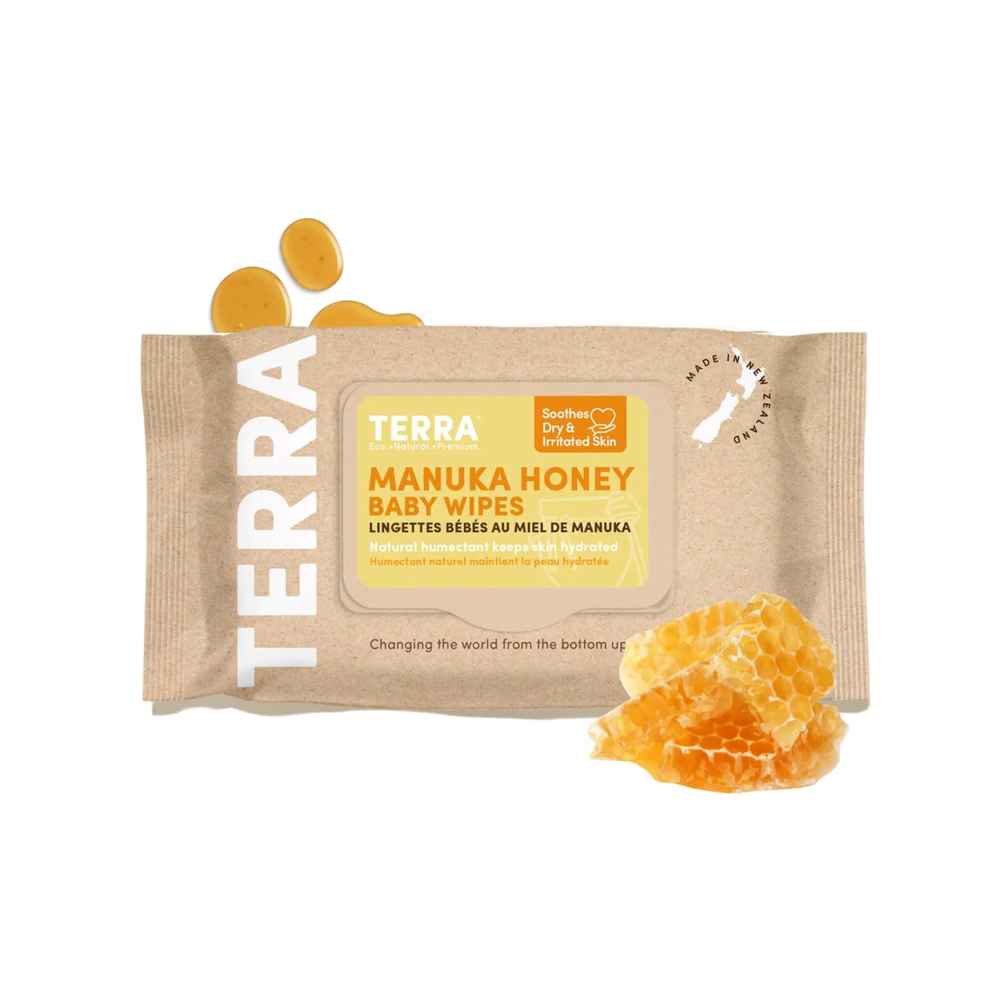 Terra Bamboo Baby Wipes: Manuka Honey 99.5% Pure New Zealand Water 100% Biodegradable Bamboo Fiber 0% Plastic Unscented Baby Wipes for Sensitive Skin 1 Pack of 70 Wipes